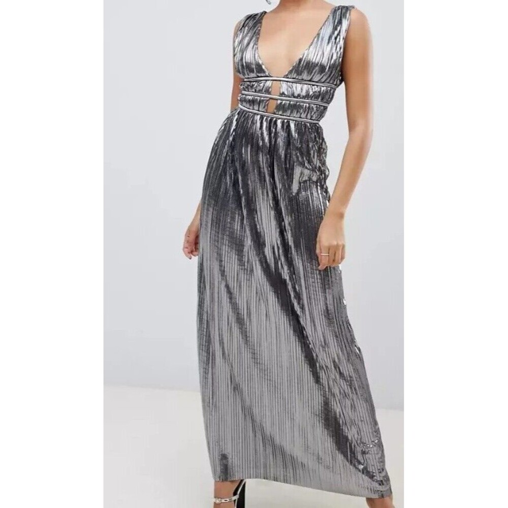 Asos Design Dress Size 4 Mettalic Plisse Plunge Maxi Coctail Party Wedding Dress